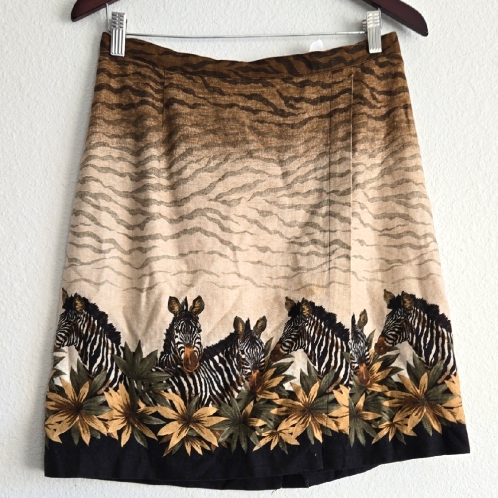Vintage Stonebridge Linen Blend Zebra Print Skirt - Brown and Black Faux Wrap